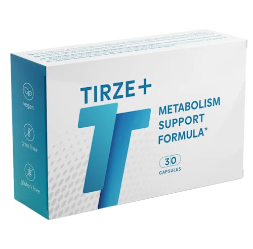 Tirze+ box with 30 capsules, white and teal packaging
